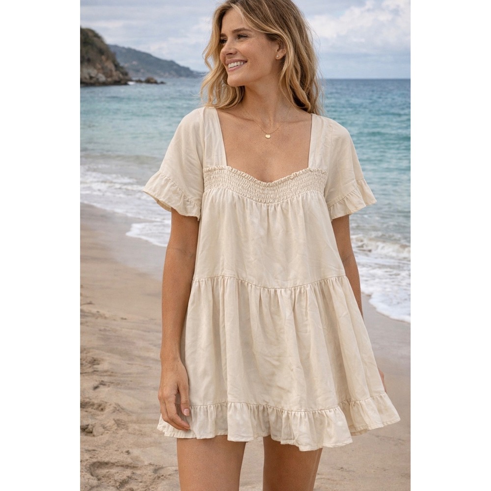 Free People Sz Sm Oversized Babydoll Cream Smocked Tiered Ruffle Mini Dress